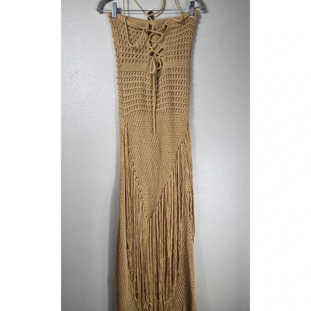 boho crochet fringe maxi dress M tan cutout lace up back resort